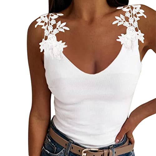 Generic Ärmellose Strandoberteile Mode Sommer Spitze Sexy Feste Bluse Damen Tank Damenbluse Damen Unterhemd Ärmellos, S, Weiß von Generic