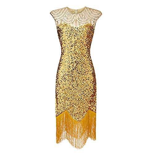 Abendkleid Damen 1920er Jahre Great Gatsby Kleid Damen Hochzeitskleid mit Pailletten Quaste Partykleid V-Ausschnitt Ärmellos Gatsby Abendkleid Festlich Ballkleid mit Quaste(A Gelb,XL) von Generic
