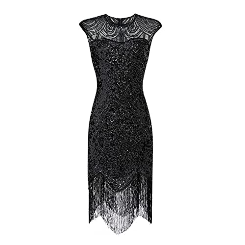 Abendkleid Damen 1920er Jahre Great Gatsby Kleid Damen Hochzeitskleid mit Pailletten Quaste Partykleid V-Ausschnitt Ärmellos Gatsby Abendkleid Festlich Ballkleid mit Quaste(A Schwarz,L) von Generic