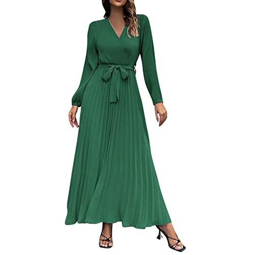 Generic Damen Lang Elegant V Ausschnitt Langarm Freizeitkleid Hohe Taille Maxikleid Casual Lose Einfarbig Faltenrock Langes Kleid Bodenlang Swing Kleid mit Gürtel (A Grün, XXL) von Generic