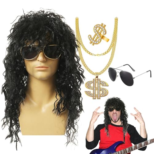 Generic Afro-Perücke für Herren, 70er-Jahre-Disco-Perücke - Set mit 4 Herrenperücken | Herren-Kostüm-Perücken mit Sonnenbrillen-Halskette, Dollarzeichen-Ring für Halloween, Weihnachten, Cosplay-Party von Generic