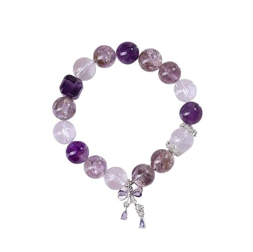 Generic Amethyst Armband Für Frauen Natürliche Weiß Kristall Mode Schleife Stretch Perlen Armbänder,Lila,20cm von Generic
