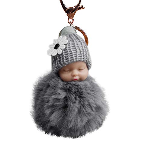 Anhänger Baby Ketten Taschen PomPom Schlüssel Cute Puppe Schlüssel Charme schlafende Schlüsselanhänger Je Schlüsselanhänger (Grey, One Size) von Generic