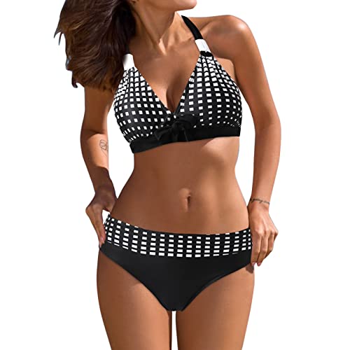 Bademode Damen Zweiteiliger Bikini Set Push-Up V-Ausschnitt Weste Bikinioberteil Badeanzug Low Waist Triangle Badehose Bademode Verstellbare Lace Up Badeanzug Swimsuit(A Schwarz,M) von Generic