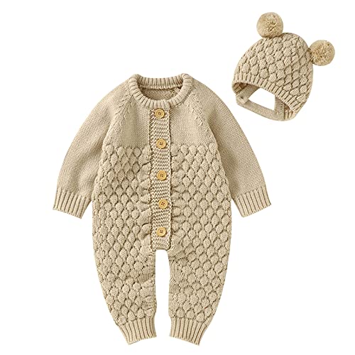 Baumwolle Hut Outfits Mädchen Overall Strampler Pullover Junge Baby Strickset Jungen Strampler & Overall Kleider Damen (Khaki, 3-6 Months) von Generic