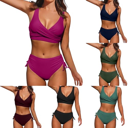 Generic Bikini Damen Set, Bikini Damen Bauchweg Zweiteiliger Push Up Badeanzug Einfarbig V Ausschnitt Überkreuztes Bikini Sexy Bikini Sets Cross Back Bademode Twistt Front Kordelzug Side Swimsuit von Generic