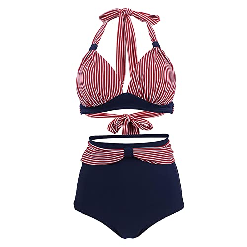 Bikini Set Damen High Waist Bikini Badeanzug Bauchweg Damen Zweiteiler Bademode Bikini Set Push up Strandmode Neckholder Bikini Bademode Beachwear(A Marine,3XL) von Generic