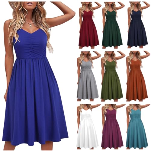 Generic Blitzangebote Sommerkleid Damen Knielang A Linien Plissee Trägerkleid Ärmellos Swing Strandkleid Spaghettiträger Tank Kleid Sommer Minikleid Skaterkleid Einfarbig Freizeitkleid Summer Dress von Generic