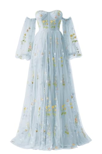 Generic Blumenstickerei-TüLl-Abschlussballkleider FüR Frauen,Korsett,Langer SpaghettiträGer,Feenhaft,GerüScht,Formelles Abend-Partykleid A-Blue 8 von Generic