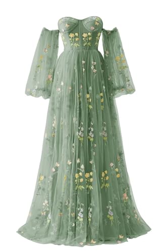Generic Blumenstickerei-TüLl-Abschlussballkleider FüR Frauen,Korsett,Langer SpaghettiträGer,Feenhaft,GerüScht,Formelles Abend-Partykleid A-Green 18 Plus von Generic