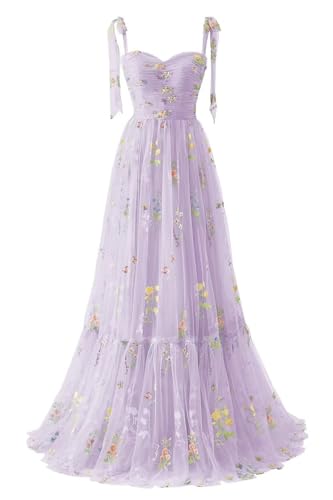 Generic Blumenstickerei-TüLl-Abschlussballkleider FüR Frauen,Korsett,Langer SpaghettiträGer,Feenhaft,GerüScht,Formelles Abend-Partykleid B-Purple 6 von Generic
