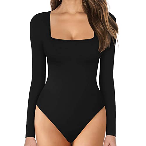 Generic Bodysuit Damen Langarm Oberteil Body Sexy Damenbody Schmal Bodysuits Tops Unterziehbody Elegant Langarmbody für Frauen, L, #01-black von Generic