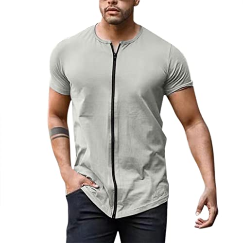 Generic Casual Herren T-Shirt mit Reißverschluss, Bluse, kurze Ärmel, Rundhalsausschnitt, T-Shirt, einfarbig, 0-Grau, Large von Generic