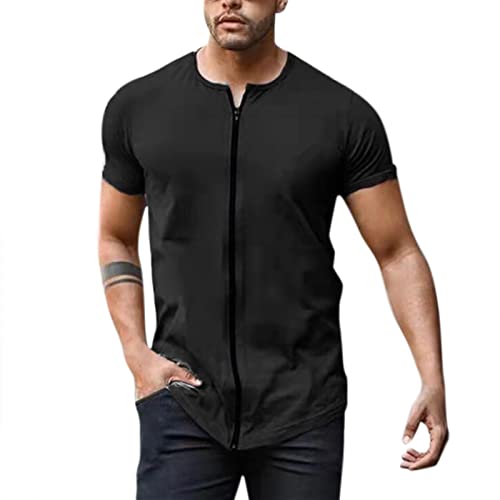 Generic Casual Herren T-Shirt mit Reißverschluss, Bluse, kurze Ärmel, Rundhalsausschnitt, T-Shirt, einfarbig, 0-schwarz, XL von Generic