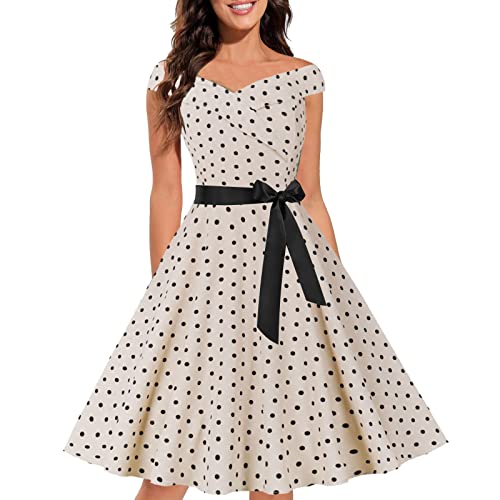 Cocktailkleid Damen 50S Vintage Rockabilly Hepburn Stil Partykleid Polka Dot Drucken V-Ausschnitt Faltenrock Petticoat Cocktail Festliche Kleider Knielang A-Line Petticoat(A Beige,XL) von Generic