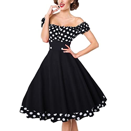 Generic Damen 50er Jahre Kleid Vintage Cocktailkleid Neckholder 1950er Rockabilly Petticoat Kleid Freizeitkleid Schwarz XXL von Generic