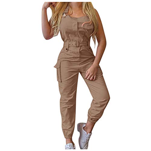 Generic Damen Arbeitshose Stretch Cargo Einfarbig Khaki L Slim Fit Hosenanzug Mit Taschen Und Verstellbarem Gürtel Arbeitslatzhose Mit Taschen Und Verstellbarem Spaghettiträger von Generic