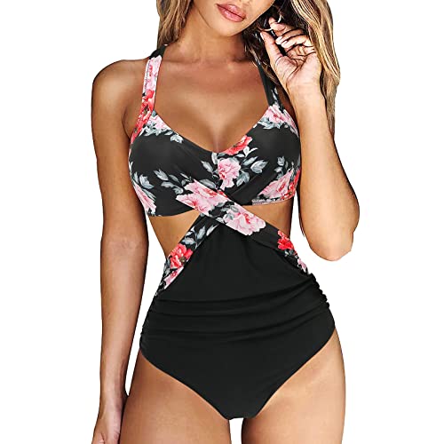 Generic Damen Badeanzug Elegant Swimsuit Einteiliger Bikini Bauchweg Sexy Push Up Badeanzüge Strandmode Bademode Schwimmanzug Monokini Rosa XL von Generic