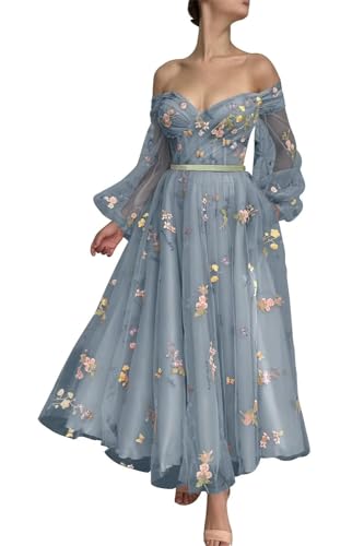 Generic Damen Ballkleid,Schulterfrei,PuffäRmel,Blumenstickerei,TüLl,Heimkehrkleid,A-Linie,Spitze,Formelles Abend-Partykleid Dusty Blue S von Generic