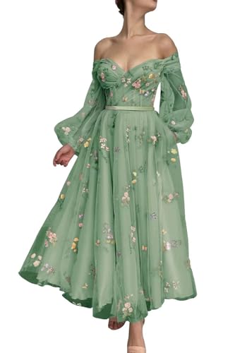 Generic Damen Ballkleid,Schulterfrei,PuffäRmel,Blumenstickerei,TüLl,Heimkehrkleid,A-Linie,Spitze,Formelles Abend-Partykleid Green S von Generic