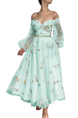 Generic Damen Ballkleid,Schulterfrei,PuffäRmel,Blumenstickerei,TüLl,Heimkehrkleid,A-Linie,Spitze,Formelles Abend-Partykleid Light Green M von Generic