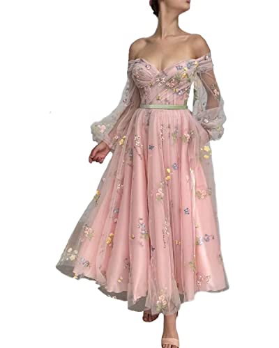 Generic Damen Ballkleid,Schulterfrei,PuffäRmel,Blumenstickerei,TüLl,Heimkehrkleid,A-Linie,Spitze,Formelles Abend-Partykleid Pink XL von Generic