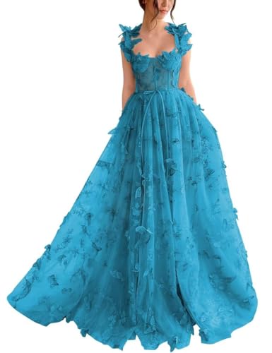 Generic Damen-Ballkleid Aus Tüll Langes Ballkleid Mit Spitzenapplikation 3D-A-Linie Schmetterling Formelles Abend-Partykleid Mit Schlitz Blue L von Generic