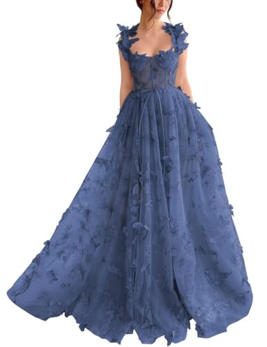 Generic Damen-Ballkleid Aus Tüll Langes Ballkleid Mit Spitzenapplikation 3D-A-Linie Schmetterling Formelles Abend-Partykleid Mit Schlitz Stormy Blue M von Generic