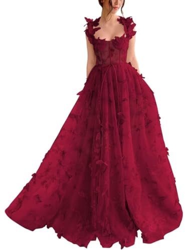 Generic Damen-Ballkleid Aus Tüll Langes Ballkleid Mit Spitzenapplikation 3D-A-Linie Schmetterling Formelles Abend-Partykleid Mit Schlitz Wine Red S von Generic