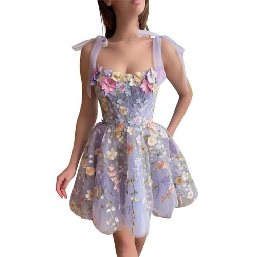 Generic Damen Ballkleid mit Puffärmeln Spitze Blumenstickerei Maxikleid lang V-Ausschnitt Schlitz schulterfrei Tüll Ballkleider Purple M von Generic