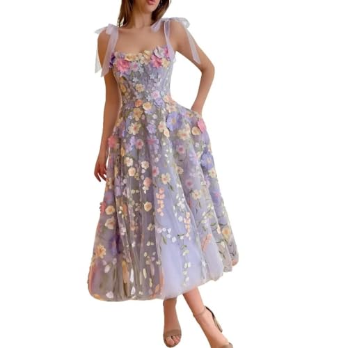 Generic Damen Ballkleid mit Puffärmeln Spitze Blumenstickerei Maxikleid lang V-Ausschnitt Schlitz schulterfrei Tüll Ballkleider Purple1 M von Generic
