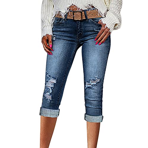 Generic Damen Capri Jeans 3/4 Jeans Caprihose Hohe Taille Kurze Hose Jeans Frauen Jeanshose Große Größen Slim Fit Caprijeans mit Taschen von Generic