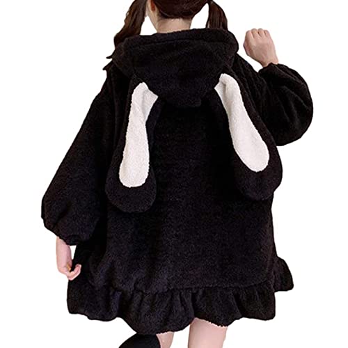 Damen Cute Bunny Ear Langarm Fuzzy Fluffy Rabbit Tops Sweatshirt Hoodie Jacke Mäntel (Schwarz, L) von Generic