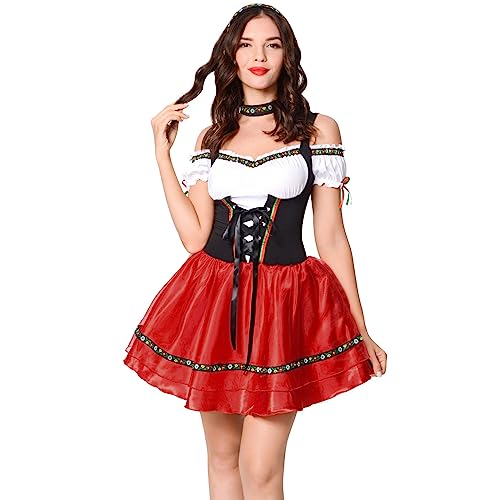 Generic Damen Dirndl Midi Lang Günstig Elegante Oktoberfest Kostüm Trachtenkleid Bavarian Kostüm Spitze Dirndl GroßE Größen Oktoberfest Damen Outfit Cosplay (Red, XXL) von Generic