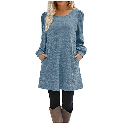 Generic Damen Elegant Glitzer Kleid Winter Kleider Mit Knöpfen Langarm Kurz Freizeitkleid Mit Taschen Abendkleid Warm Minikleid Herbst Winter Himmelblau M von Generic