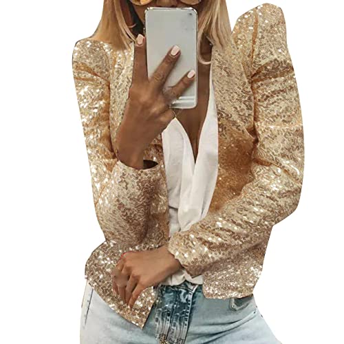 Damen Elegant Langarm Blazer Sakko Einfarbig Slim Fit Pailletten Jacke Kurz Mantel Anzüge Bolero Party Outwear Cardigan Tops (Gold, L) von Generic