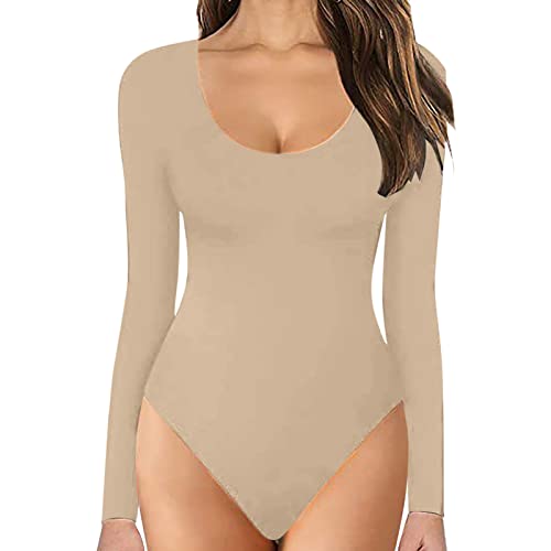 Generic Damen Erwachsene Tanz Sport Langarm Body Baumwolle Bodysuit mit Rundhalsausschnitt, Damen Body elastisch Langarm Bodysuit Top für Ballett Sport Yoga in Beige, Größe XXL von Generic