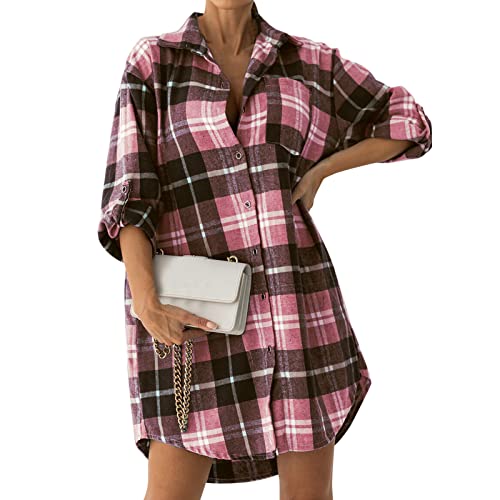 Generic Damen Flanell Plaid leichte dünne Oberteile Hemden Raglan Langarm Button-Down Brusttaschen Hemden Bluse Bluse Kleinkariert Damen (Pink, L) von Generic