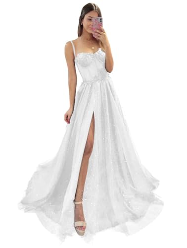Generic Damen Glitzer TüLl Ballkleider SpaghettiträGer Spitze Applikationen Formelle Abendkleider Hoher Schlitz Sweetheart Partykleid White XL von Generic