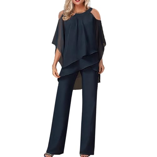 Generic Damen Große Größen Elegant Abendanzug Sets 2-Teiliges Set Cocktail Party Festlich Hosenanzug Elegant Zweiteiler Chiffon Shirt Und Hohe Taille Hosenanzug von Generic