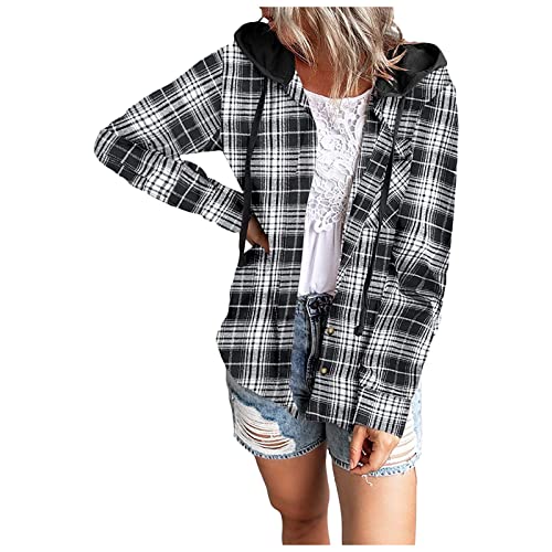 Generic Damen Hemd Kariertes Langarmshirt Karohemd Winter Bluse Ärmeln Freizeithemd Top Outwear mit Kapuze, Schwarz, M von Generic