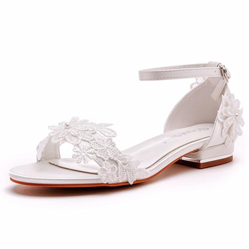 Generic Damen Hochzeitsschuhe Für Braut Spitzenblumen Offener Zehenpartie Brautschuhe 2Cm Niedriger Absatz Sandaletten Hochzeitsschuhe,Ivory white,38 EU, 65797726-IVORYWHITE-8 von Generic