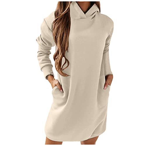 Damen Hoodie Kapuzenpullover Lang Sweatjacke Sweatkleid Winterkleid Sweatshirt Kapuzenjacke Kapuzenpulli Langarm Sport Pullover (Beige, L) von Generic