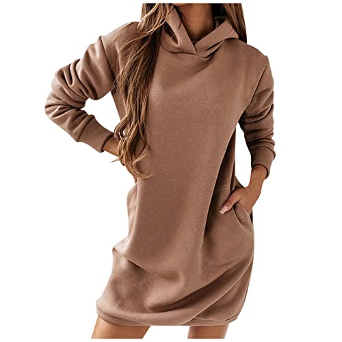 Damen Hoodie Kapuzenpullover Lang Sweatjacke Sweatkleid Winterkleid Sweatshirt Kapuzenjacke Kapuzenpulli Langarm Sport Pullover (Khaki, M) von Generic