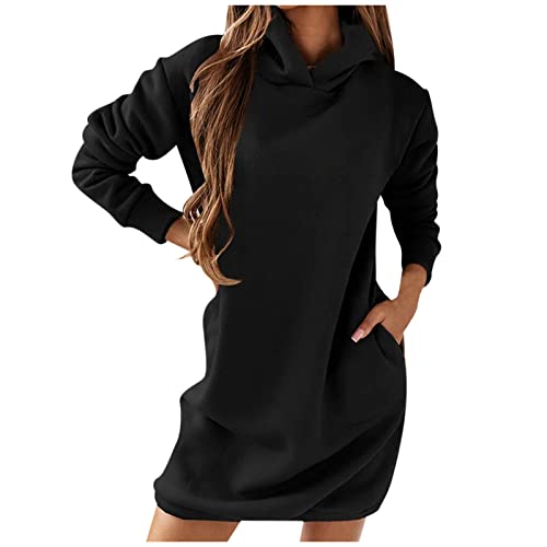 Damen Hoodie Kapuzenpullover Lang Sweatjacke Sweatkleid Winterkleid Sweatshirt Kapuzenjacke Kapuzenpulli Langarm Sport Pullover (Schwarz, L) von Generic