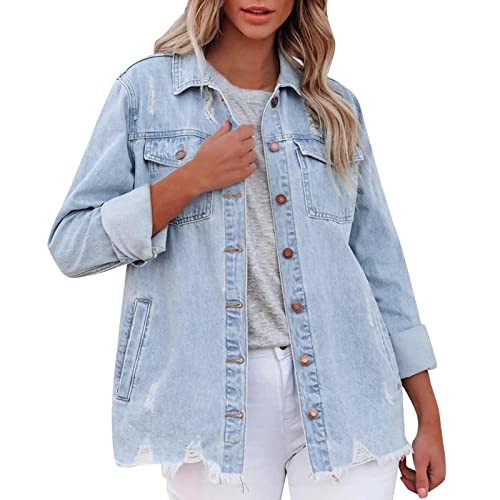 Generic Damen Jeansjacke Oversized Boyfriend Langarm Jeansbluse Punk Knopf Jeanshemd mit Taschen von Generic