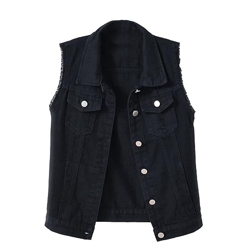 Generic Damen Jeansweste übergröße Denim Jacke Ärmellos Beiläufige Jeansweste Denim Weste Vest Frühling Cardigan Top Outwear Elegant Retro Destroyed Jacked Vintage Mantel Herbst Jeansweste von Generic