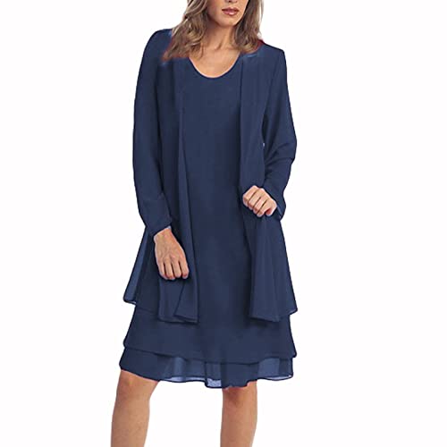 Generic Damen Kleid Festlich Hochzeit Knielang Elegant Abendkleider Frauen Ärmellos Kleider und Spitze Cardigan Zweiteilig Abendkleid Cocktailkleid Ballkleid Heimkleid, Marine, XXL von Generic