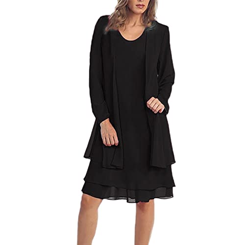 Damen Kleid Festlich Hochzeit Knielang Elegant Abendkleider Frauen Ärmellos Kleider und Spitze Cardigan Zweiteilig Abendkleid Cocktailkleid Ballkleid Heimkleid Schwarz XXL von Generic