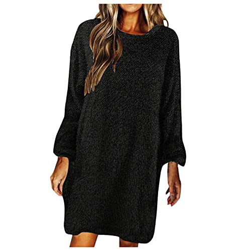 Damen Kleid Rundhals Langarm Einfarbig Lose Pullover Kleid Strickleid Damen (Black, XXL) von Generic
